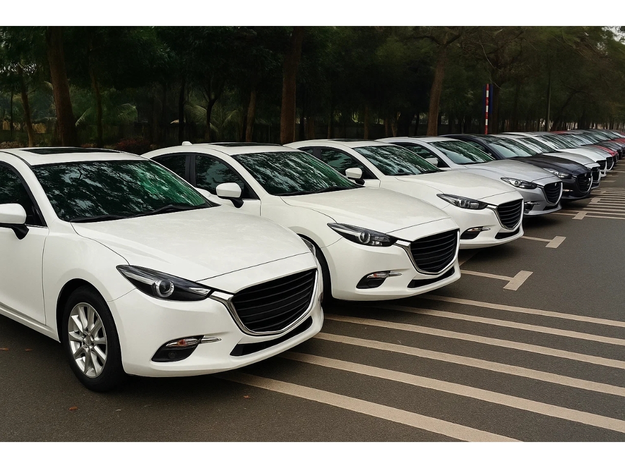 Dàn xe Mazda 3 đời mới màu trắng phục vụ dịch vụ thuê xe 4 chỗ Hải Phòng của Taxi Minh Khang.