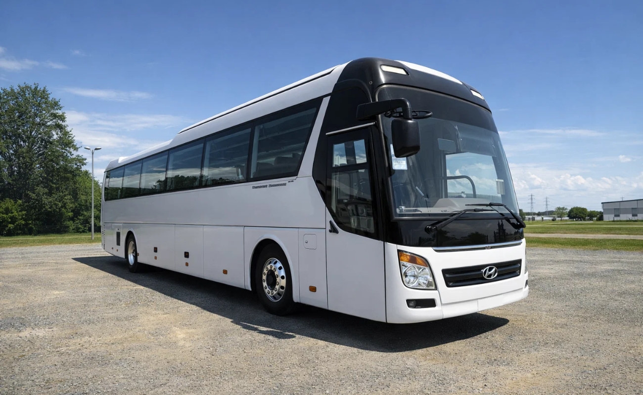 Hình ảnh ngoại thất phục vụ bài đánh giá xe 45 chỗ Universe màu trắng của Công Ty CPDV Vận Tải Taxi Minh Khang