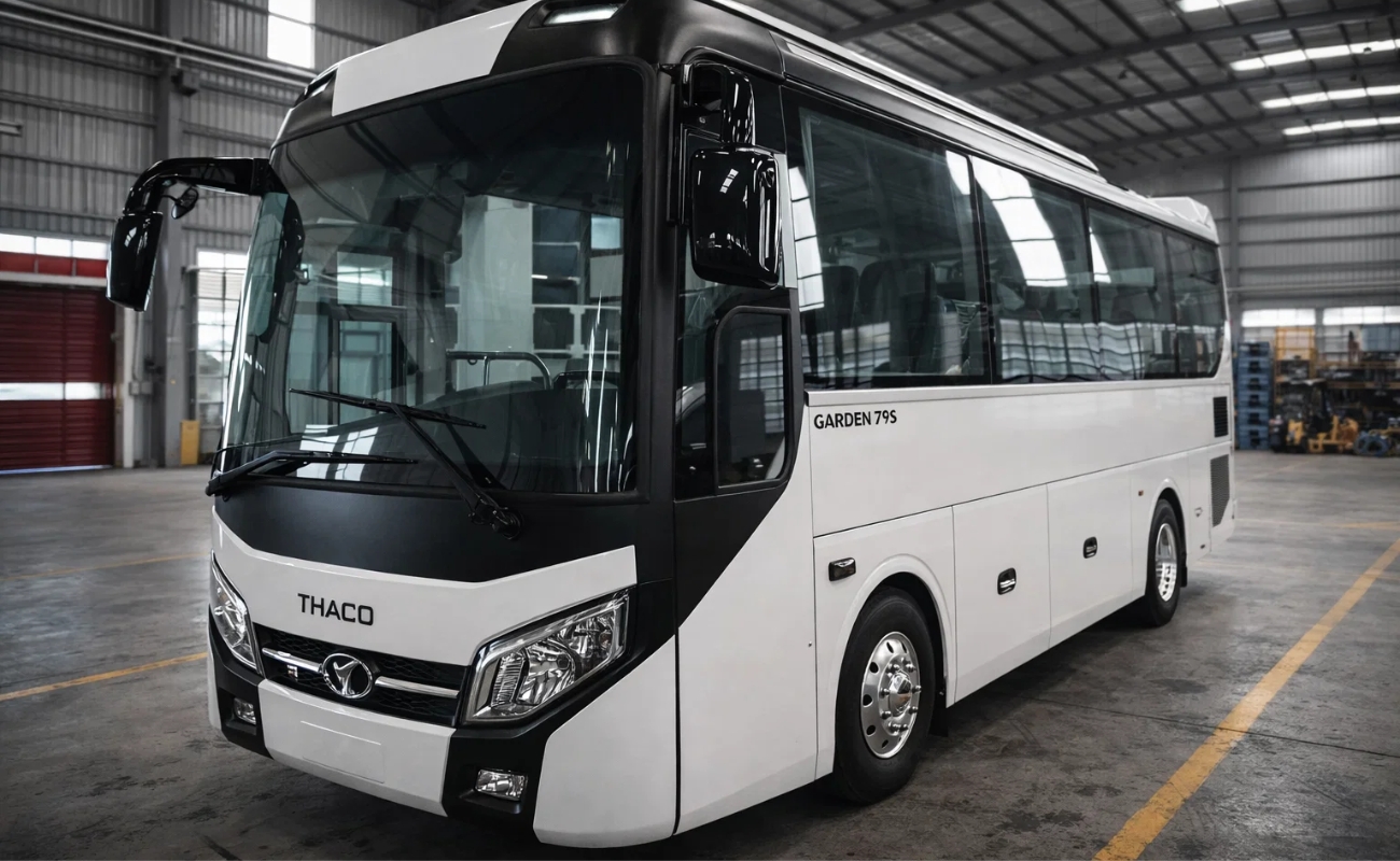 Thiết kế phần đầu xe và mặt ga lăng hiện đại của xe Thaco 29 chỗ Garden 79S thuộc Công Ty CPDV Vận Tải Taxi Minh Khang