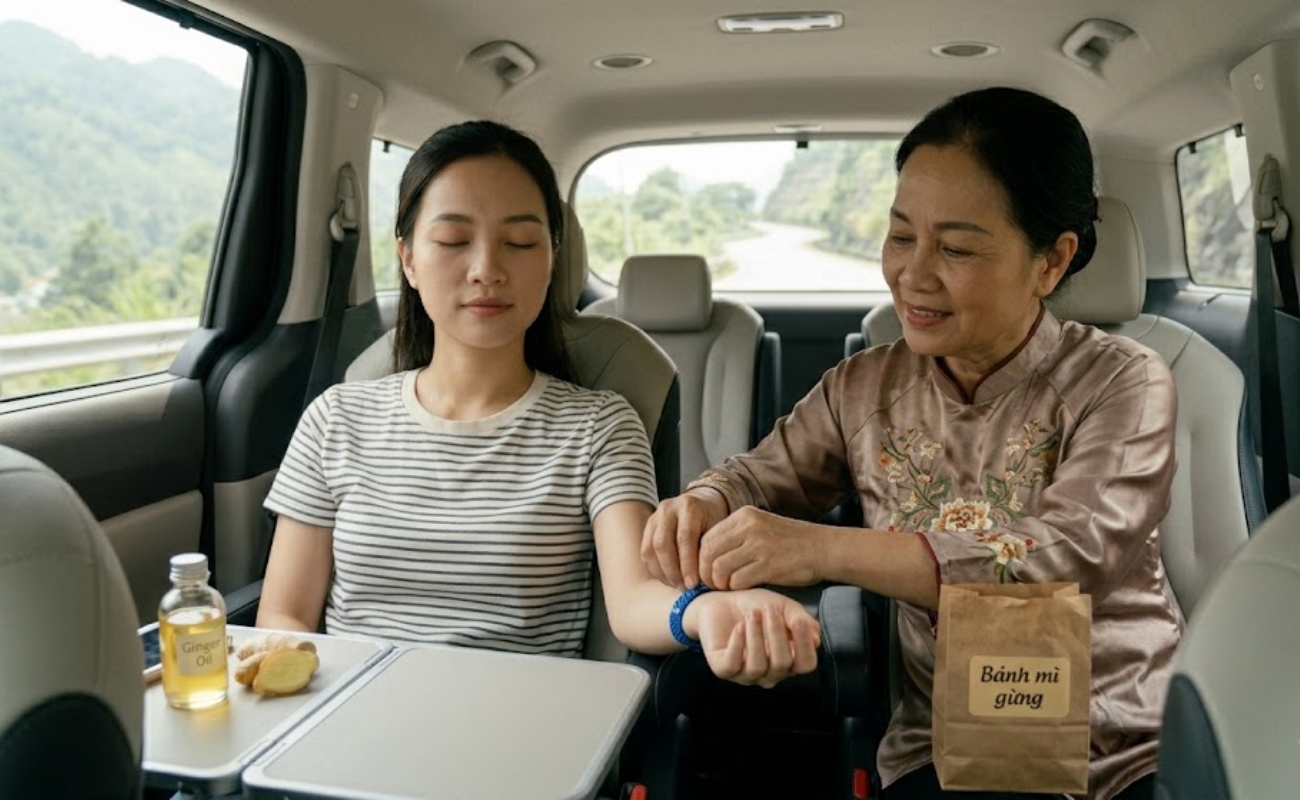 Cách chống say xe hiệu quả bằng vòng đeo tay bấm huyệt và bánh mì gừng khi đi ô tô
