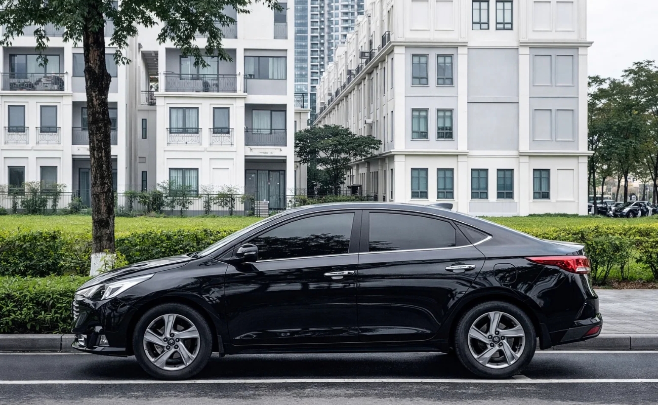 Mẫu xe 4 chỗ Hyundai Accent màu đen và lưu ý về tiền ăn ngủ tài xế khi đi tỉnh